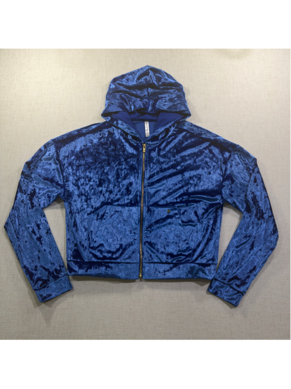 Fabletics Royal Blue Crushed Velvet Zip Up Cropped Hoodie Medium